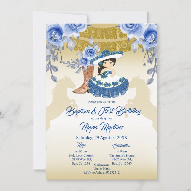 Invitación Bautismo Chica mexicano y flor azul de cumpleaños (Anverso)