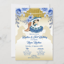 Invitación Bautismo Chica mexicano y flor azul de cumpleaños