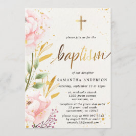 Invitación Bautismo Chica Oro Y Acuarela Rosa