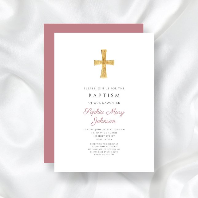 Invitación Bautismo Chica religioso entre rosados y polvorien (Modern Dusty Pink Cross Religious Girl Baptism Invitation)