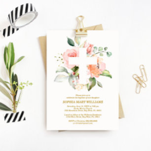Invitación Bautismo Chica Rosa y Cruz Blanca de Rubor