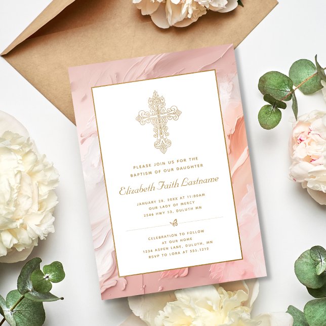 Invitación Bautismo Chica rosado cruzado con ornamento dorado (Subido por el creador)