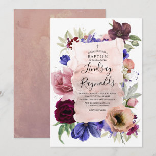 Invitación Bautismo chica Rubor Blue Burgundy Red Floral