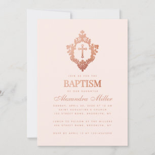 Invitación Bautismo chica Rubor Cruz rosa de oro en Escudo