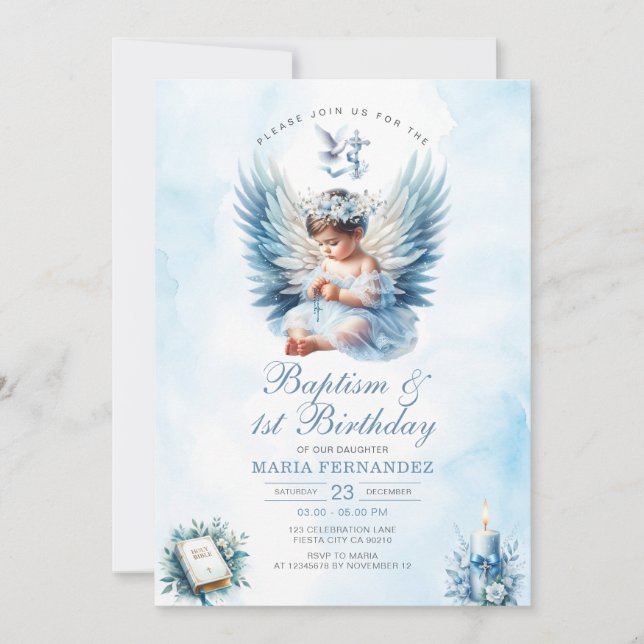 Invitación Bautismo chica y cruz floral azul de primer cumple (Anverso)