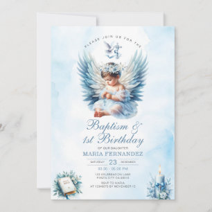 Invitación Bautismo chica y cruz floral azul de primer cumple