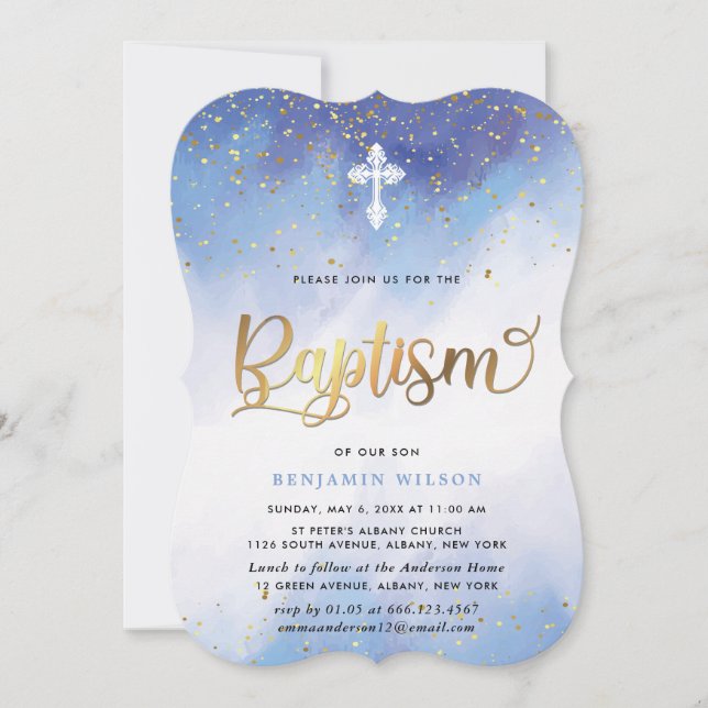 Invitación Bautismo Chico De Color Azul Y Oro (Anverso)