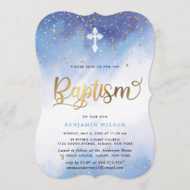Invitación Bautismo Chico De Color Azul Y Oro