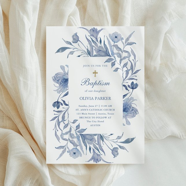 Invitación Bautismo | Chinoiserie floral azul y blanco (Subido por el creador)