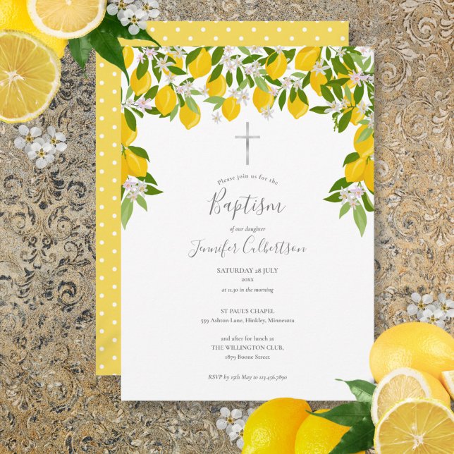 Invitación Bautismo Christening Floral Lemons (Baptism Christening Floral Lemons Invitation)