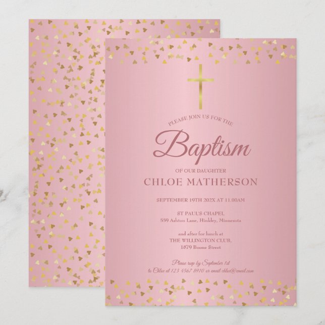Invitación Bautismo Christening Rosa Gold Hearts (Anverso / Reverso)