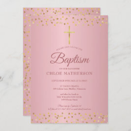 Invitación Bautismo Christening Rosa Gold Hearts