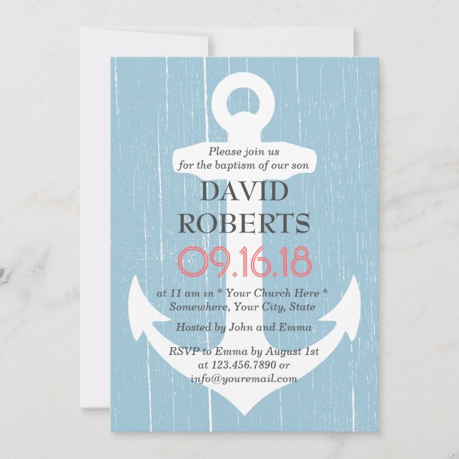 Invitación Bautismo Christening Rustic Light Blue & Anchor (Anverso)