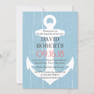 Invitación Bautismo Christening Rustic Light Blue & Anchor