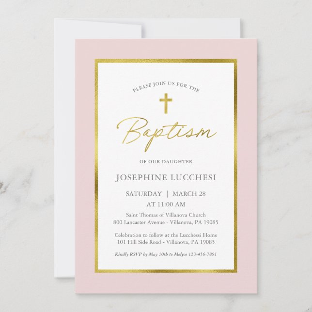 Invitación Bautismo clásico con guiones rosados y dorados (Anverso)