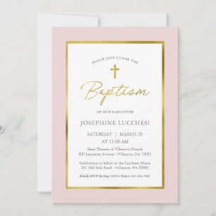 Invitación Bautismo clásico con guiones rosados y dorados
