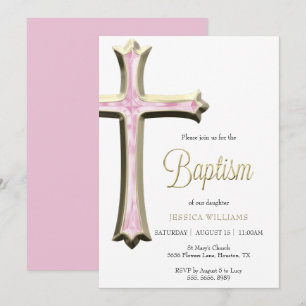 Invitación Bautismo clásico de oro y cruz rosa