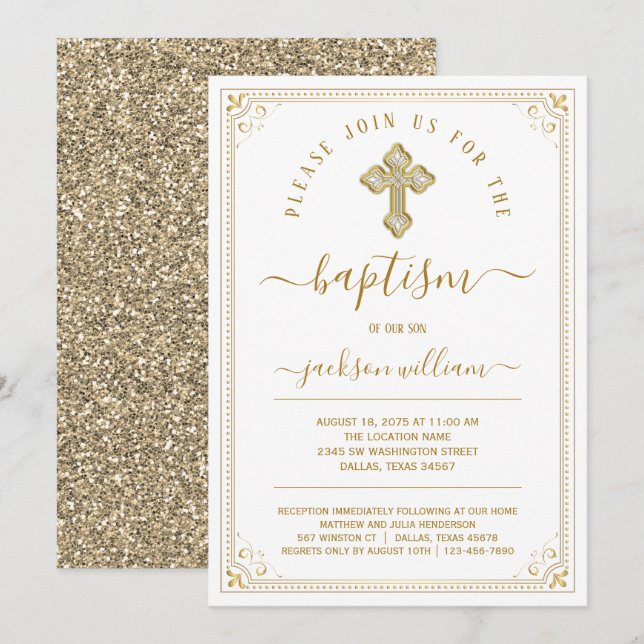 Invitación Bautismo Clásico Elegante de Oro (Anverso / Reverso)