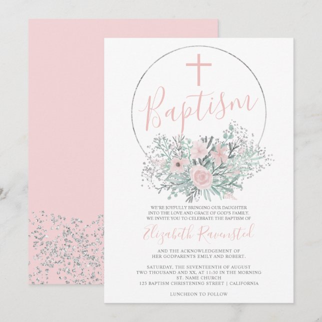 Invitación Bautismo color agua floral rosa confetti plateado (Anverso / Reverso)