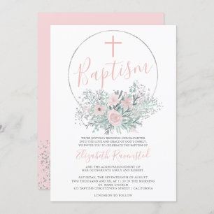 Invitación Bautismo color agua floral rosa confetti plateado