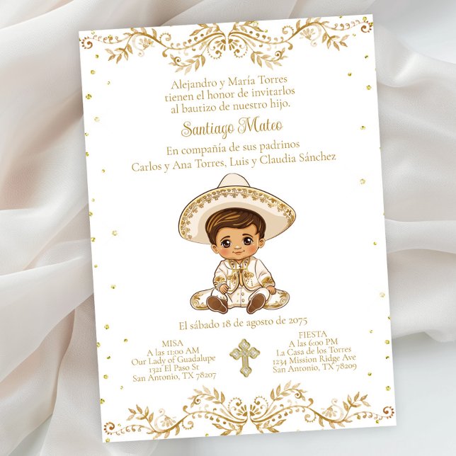 Invitación Bautismo con el oro español (Gold charro baptism invitation. Simply add your event details. Background color can be changed.)