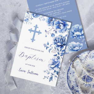 Invitación Bautismo con flores azules