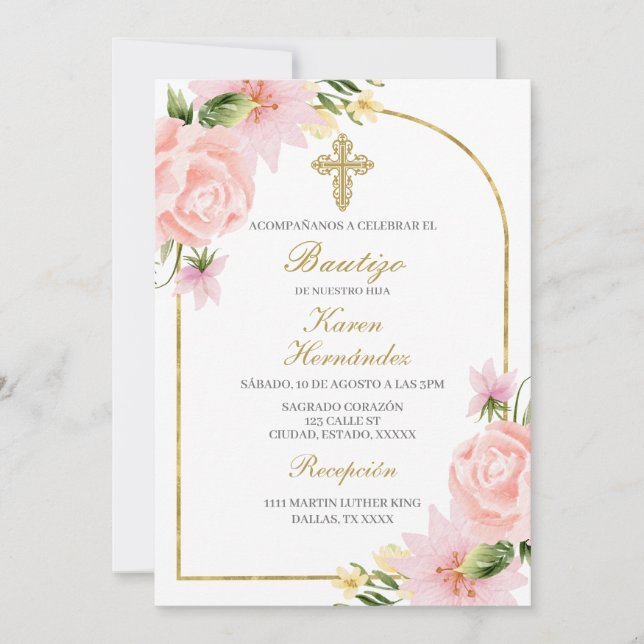 Invitación Bautismo con flores rosadas Español (Anverso)