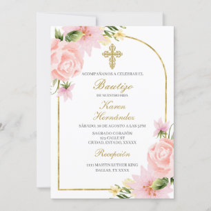 Invitación Bautismo con flores rosadas Español