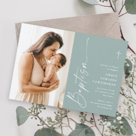 Invitación Bautismo con Foto de Guión Elegante Moderno Neutro