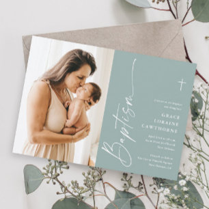 Invitación Bautismo con Foto de Guión Elegante Moderno Neutro