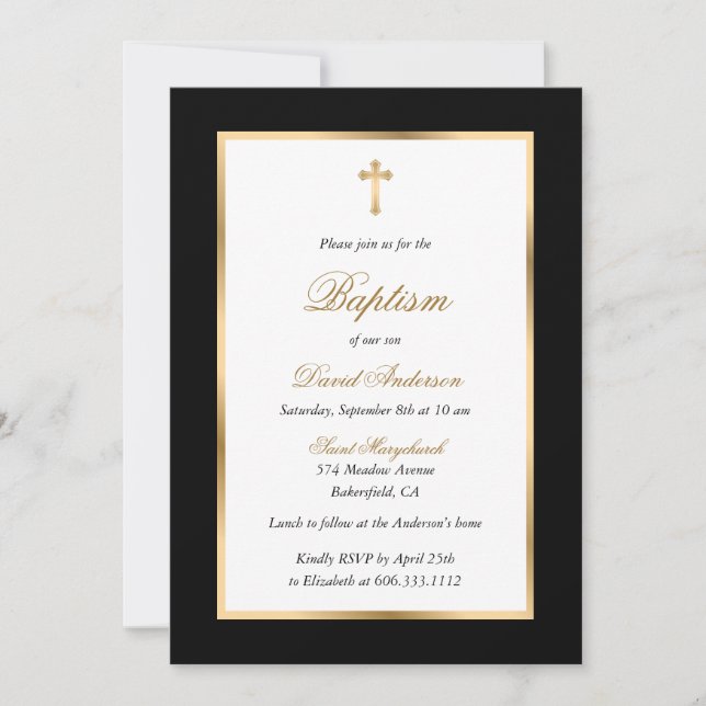 Invitación Bautismo con guiones elegantes de cruz negra y dor (Anverso)