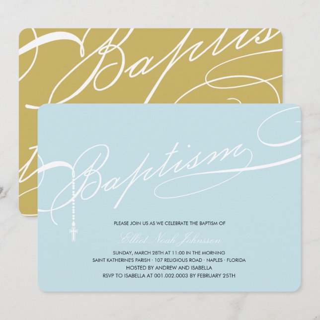 Invitación Bautismo con guiones Rosario Cruz Azul Religioso (Anverso / Reverso)