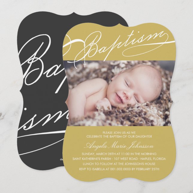 Invitación Bautismo con guiones Rosary Cross Gold Photo Relig (Anverso / Reverso)