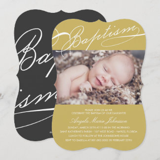 Invitación Bautismo con guiones Rosary Cross Gold Photo Relig
