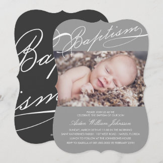 Invitación Bautismo con guiones Rosary Cross Grey Photo Relig