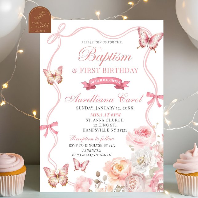 Invitación Bautismo con mariposa floral rosa y primer cumplea (Subido por el creador)
