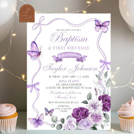 Invitación Bautismo con mariposa morada floral y primer cumpl