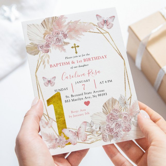Invitación Bautismo con mariposa rosada y primer cumpleaños (Subido por el creador)