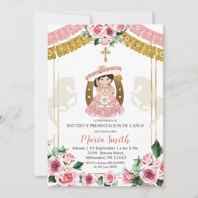 Invitación Bautismo con Rosa Rosa Rosa Mexicana y tercer cump (Anverso)