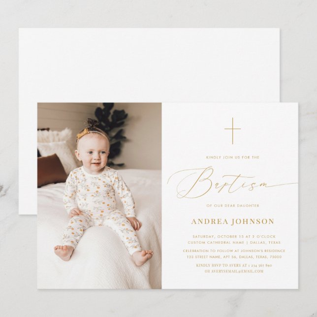 Invitación Bautismo con un guión elegante de oro blanco minim (Anverso / Reverso)