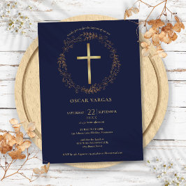 Invitación Bautismo Cristiana Azul Marino Cruz Dorada Floral