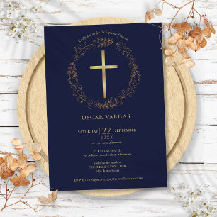Invitación Bautismo Cristiana Azul Marino Cruz Dorada Floral