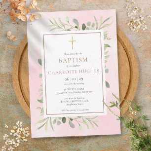 Invitación Bautismo Cristiandad Acuarela Verdor Rosa Oro