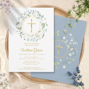 Invitación Bautismo Cristiandad Aro de Azul Polvoriento Cruz