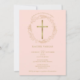 Invitación Bautismo Cristiandad Rubor Rosa Cruz Dorada Floral