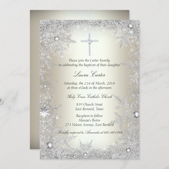 Invitación Bautismo/Cristianismo con copo de nieve Gold Silve (Anverso / Reverso)