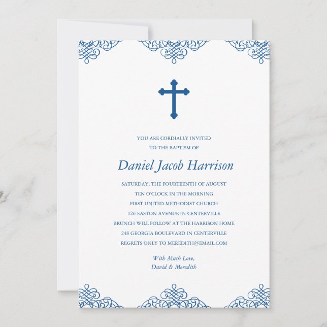 Invitación Bautismo/cristianismo de los niños azules (Anverso)