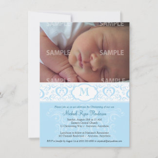 Invitación Bautismo/cristianismo en monograma de damasco azul