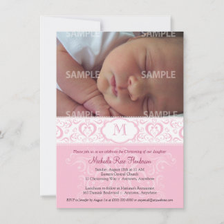 Invitación Bautismo/cristianismo en monograma de damasco rosa