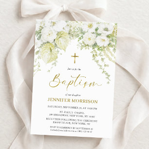 Invitación Bautismo Cristiano de Flor Blanca y Cruz de Oro
